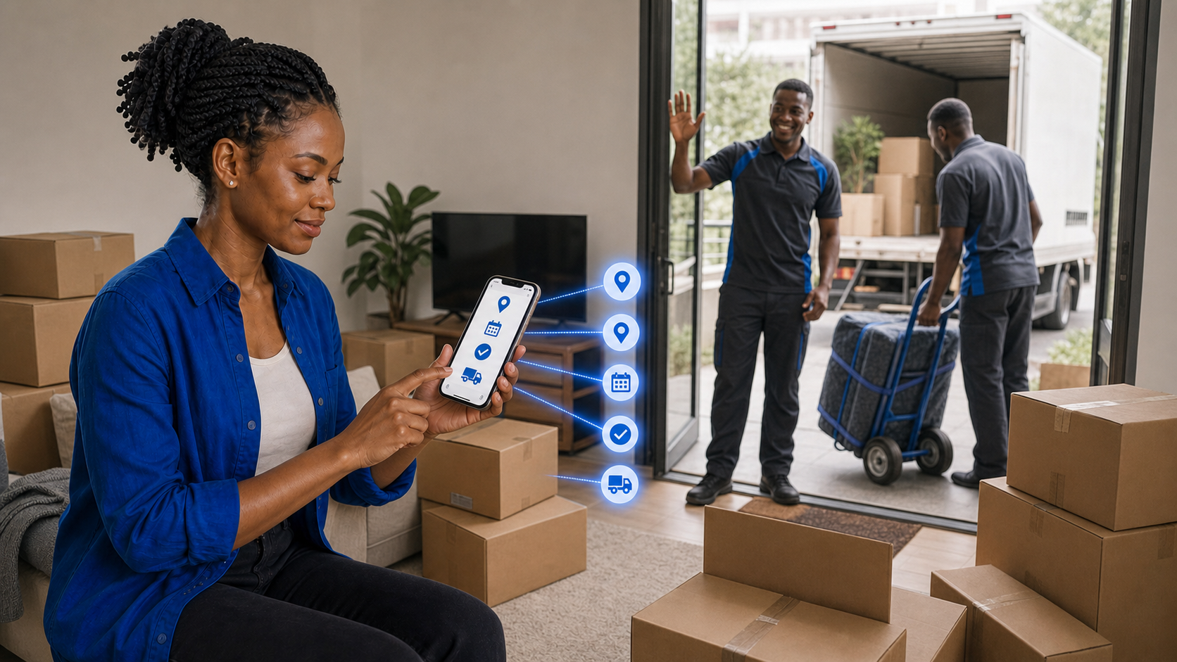 A confirmed moving request as the moving crew arrives at the old home.